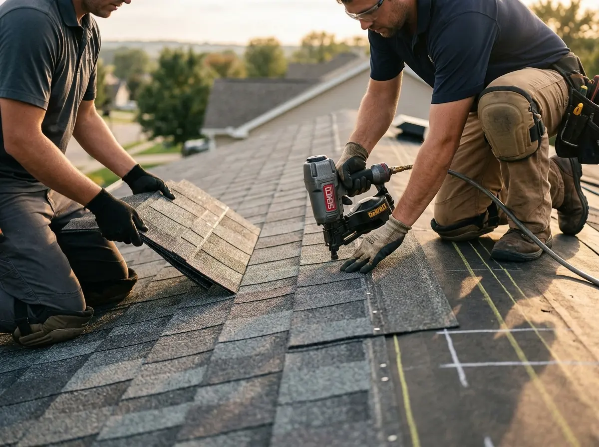 Professional roofer working on a residential roof in Lake Forest Park